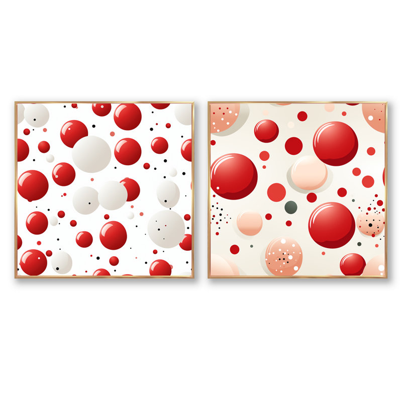 Pois rouges et blancs II - ensemble de 2 collages de formes abstraites carrées, Cadre flottant doré, H 36 po x l 73 po