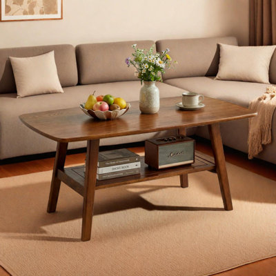 Table basse Mid-Century moderne avec coins arrondis et tablette de rangement