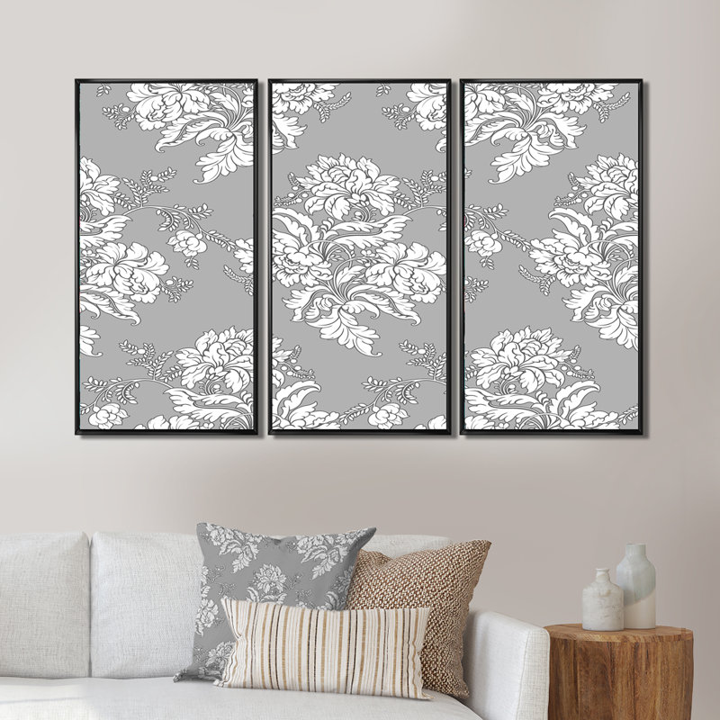 Fleurs classiques sur fond gris clair - ensemble d'art mural sur toile traditionnel encadré de 3, H 28 po x l 36 po x P 1 po