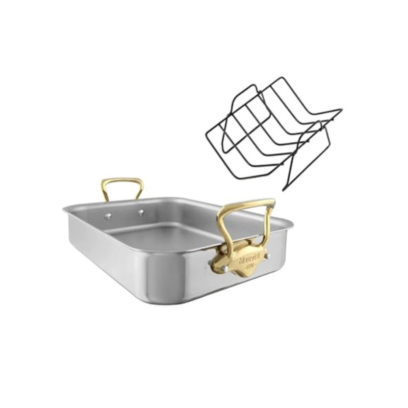 Mauviel M'cook B Roasting Pan With Rack, Brass Handles, 5.71" H x 18" L x 12.6" W
