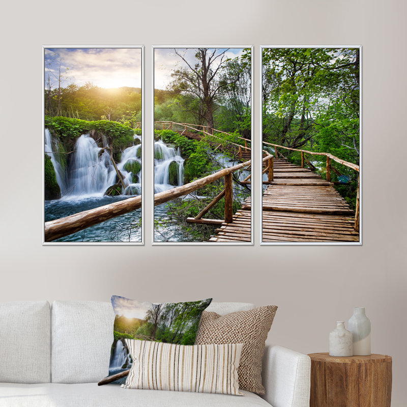 «Pathway In Plitvice Lakes - Landscape», ensemble de 3 toiles encadrées, Blanc, H 32 po x l 48 po