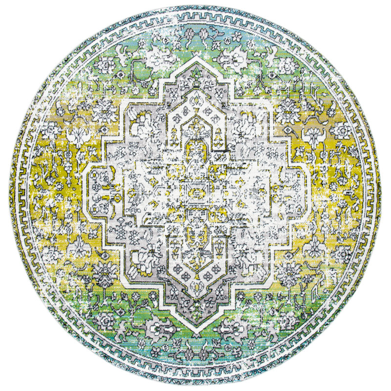 Tapis oriental vert / gris, Rond 6 pi 7 po
