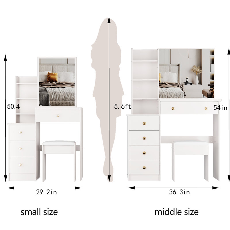 Small Sized Left Vanity Table With Cushioned Stool, Large Sliding Mirror, Multi-Layer Storage, High Capacity Dresser For Tiny Areas, White Construction Space- Bedside Table, Includes Stool & Big