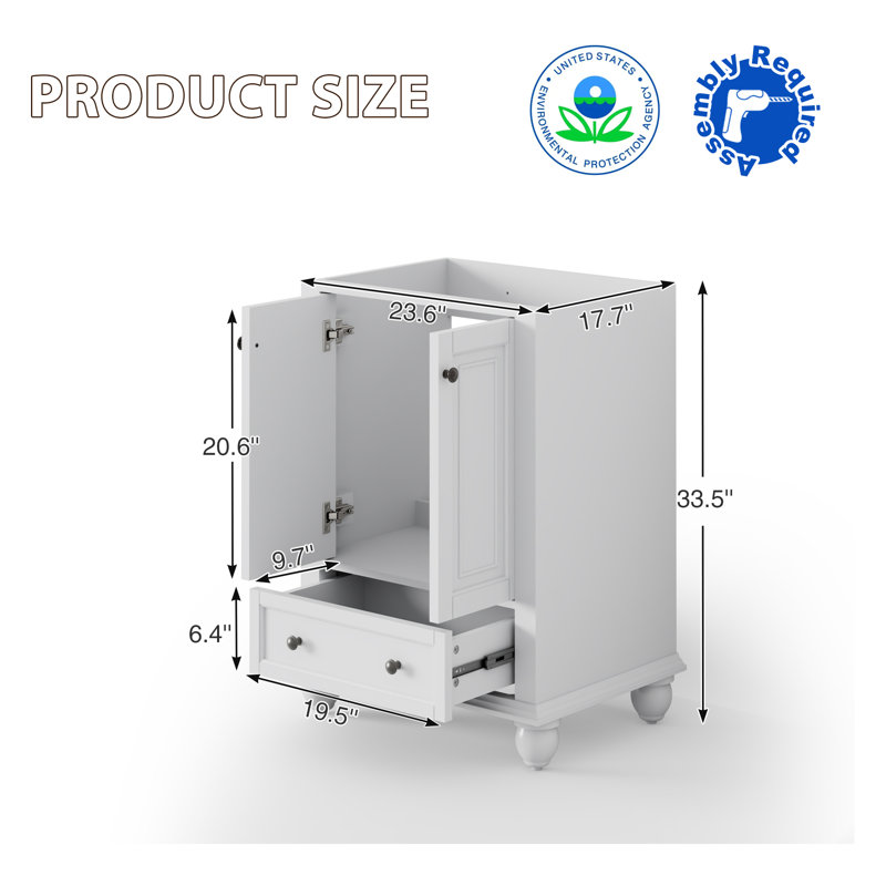 24" Single Sink Bathroom Vanity Base Only, Painted Surface, Soft-Close Doors, White