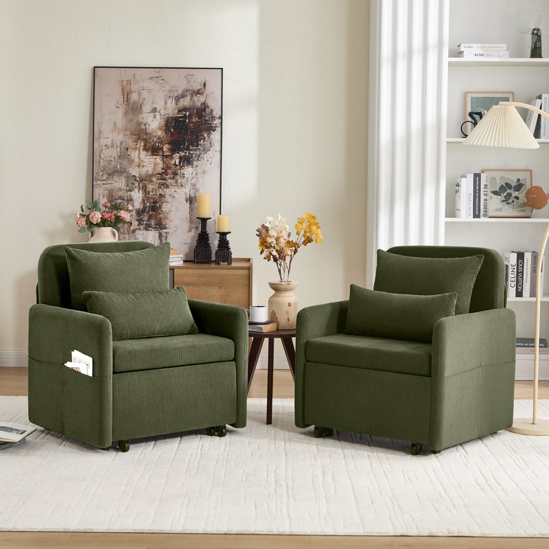 Fauteuil convertible 3-en-1 en lin 87 po avec dossier réglable et sac de rangement, Velours côtelé vert