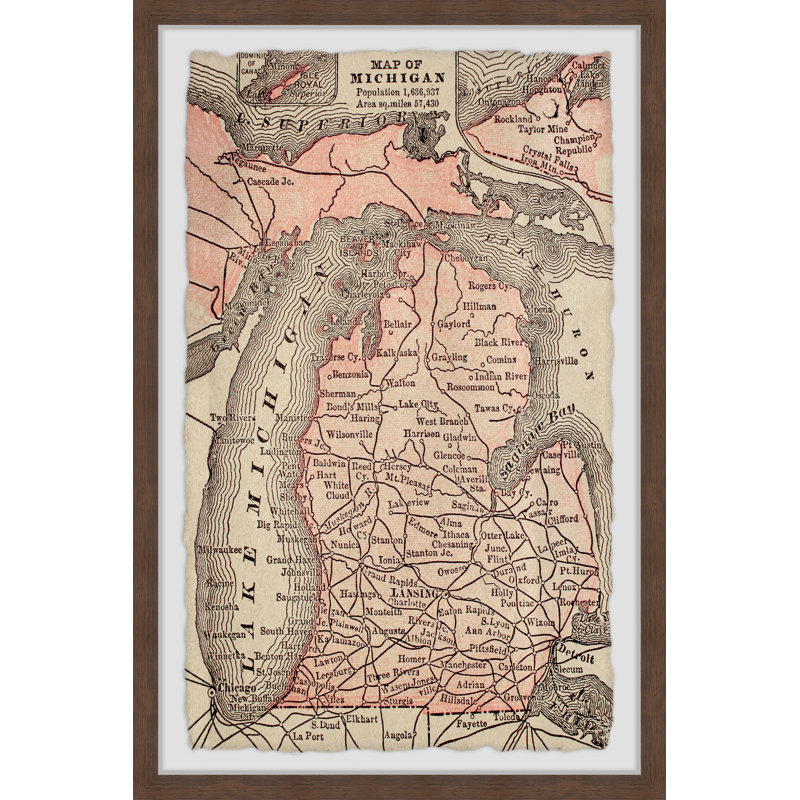 Carte du Michigan II - impression encadrée sur papier, H 36 po x l 24 po x 1,5 po