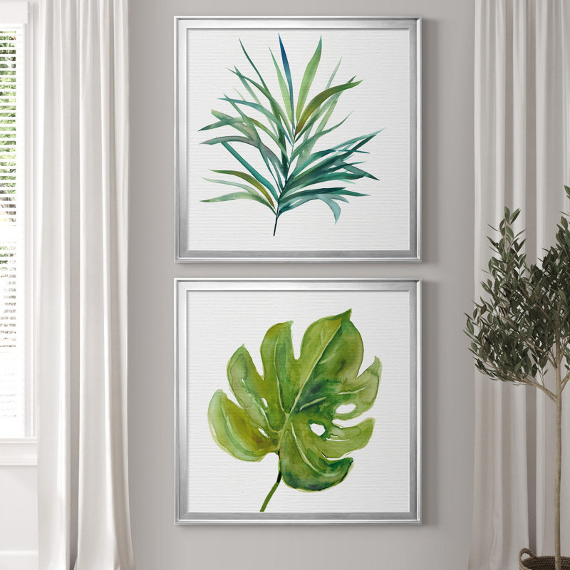 Palmier III - ensemble de 2 reproductions, H 22,5 po x l 45 po x P 1,5 po, Toile encadrée argentée, Pas de tapis