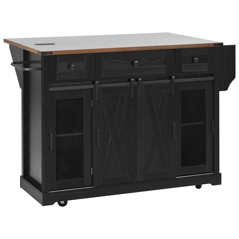 Farmhouse Kitchen Island with Storage, Sliding Barn Door & Metal Grid Side Door, Rolling Kitchen Island on 5 Wheels with Spice Rack, Glass Holders,Island Table with Drop Leaf for Kitchen