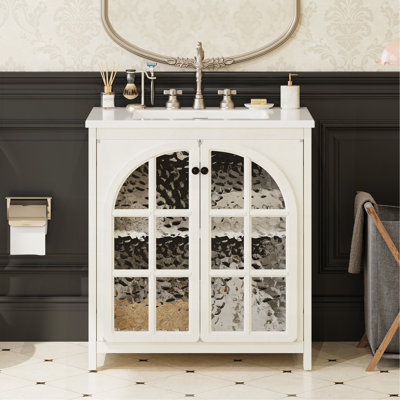 Meuble-lavabo de 30 pouces avec lavabo en céramique, finition faux vieilli, armoire de salle de bain rustique rétro avec poignées en bronze et 2 portes à fermeture douce, blanc antique