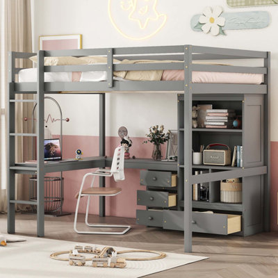 Full Size Loft Wood Bed With Desk