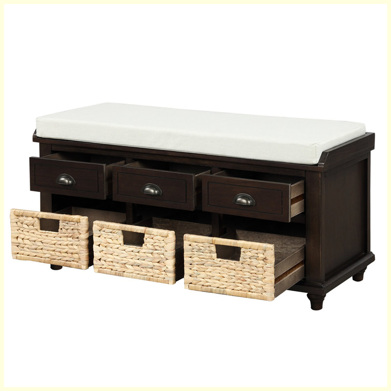 Rustic Storage Bench with 3 Drawers and 3 Rattan Baskets for Living Room, Entryway, Espresso