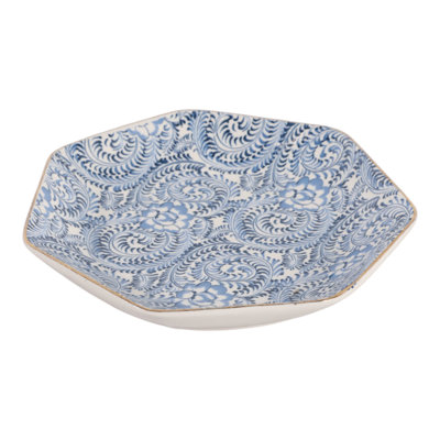 Chinoiserie Ceramic Accent Plate for Home Dining Centerpiece - Floral Decorative Trinket Dish for Vanity, Coffee Table or Entryway - 6", Blue & White