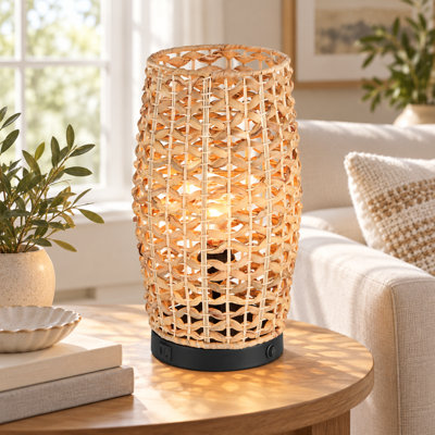 9.45” Natural Rattan Woven Table Lamp With Black Base