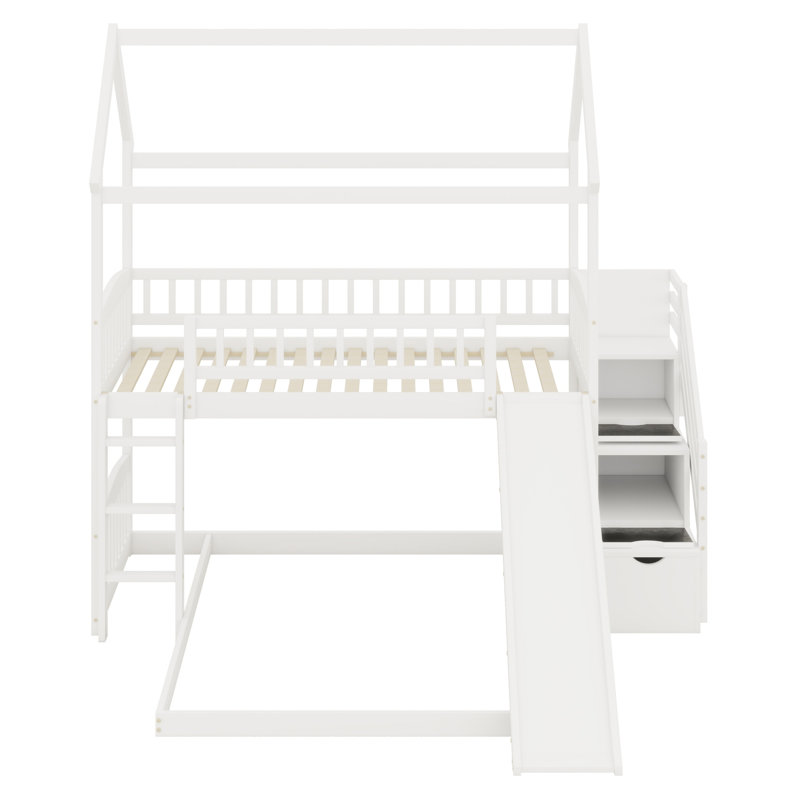 Lit superposé de style maison avec glissade, Blanc