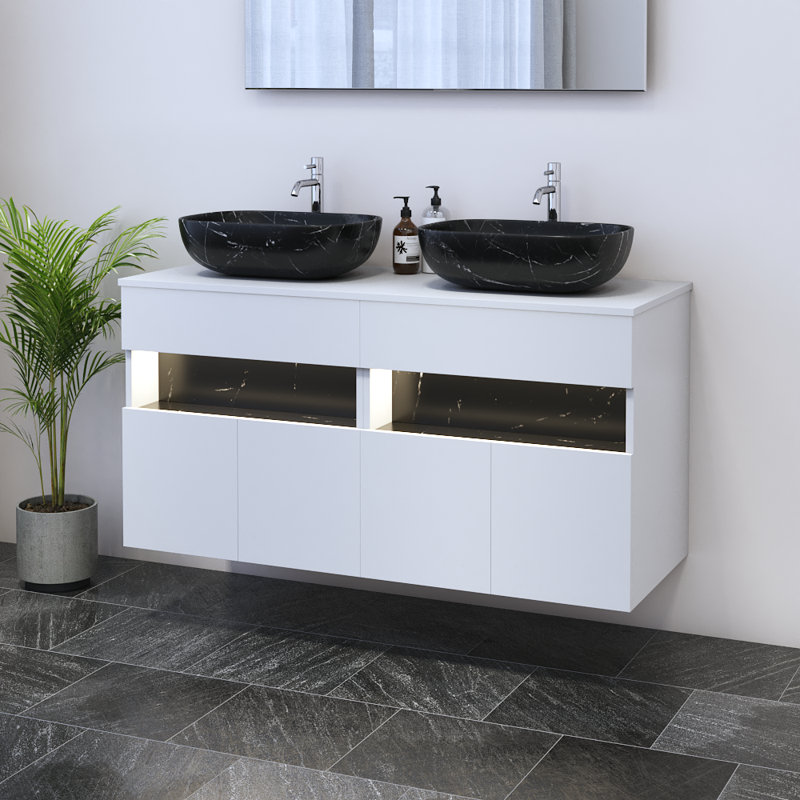 Meuble-lavabo double 47,2 po avec comptoir Lieke, Noir, Blanc