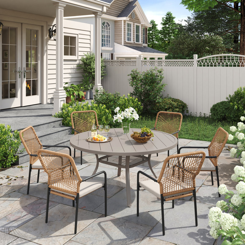 7-Pieces Patio Round Outdoor Dining Set With Wicker Stackable Chair, Cream