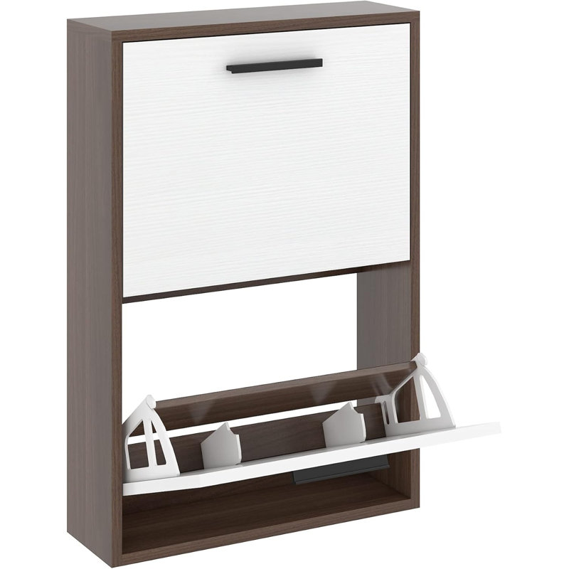 Shoe Cabinet , Wall Mounted Shoe Organizer With 2 Flip Drawers, 29.5" H x 25.6" W x 6.3" D, Walnut/White