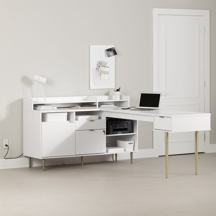 55.1 in. L-Shaped White Wood Writing Desk Executive Desk with USB Inte