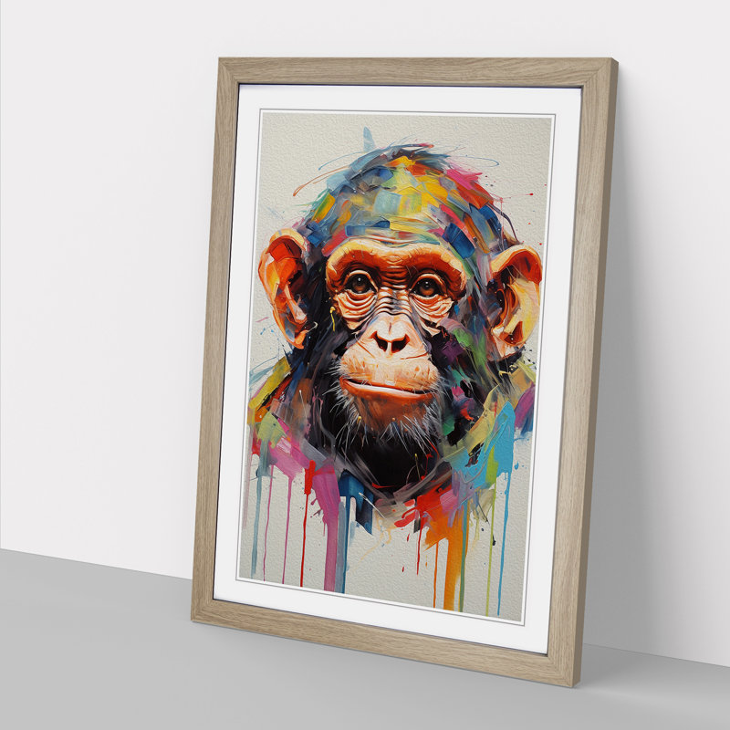 Monkey Gestural - Single Picture Frame Print on Wood, Oak, 34cm H x 25cm W x 2cm D