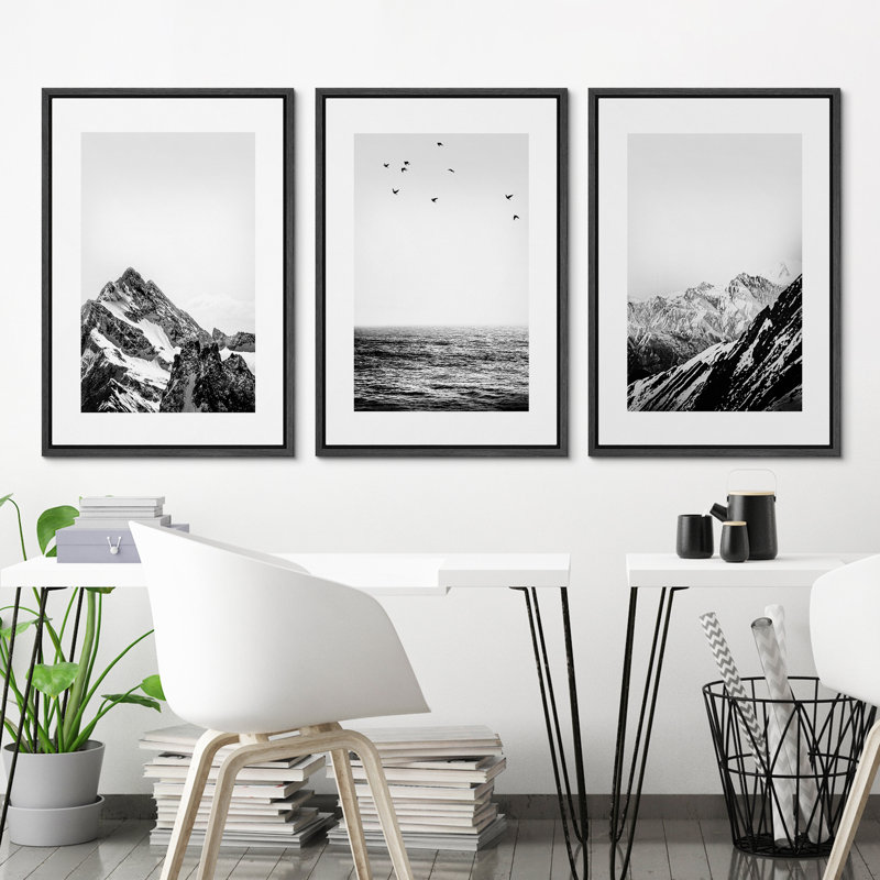 Coastal Beach Black White Photo Snowy Winter Mountain Neutral Pictures Framed Canvas 3 Pieces Print Wall Art, 24'' H x 48'' W