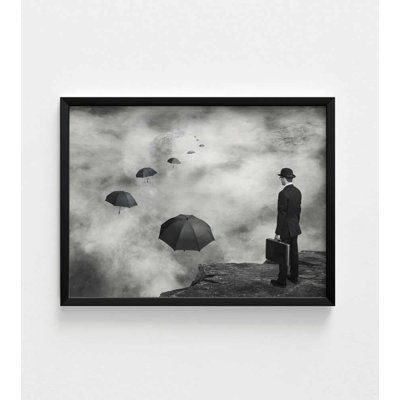 Black and White Wall Art: Man in Fog with Umbrellas - Modern Surreal