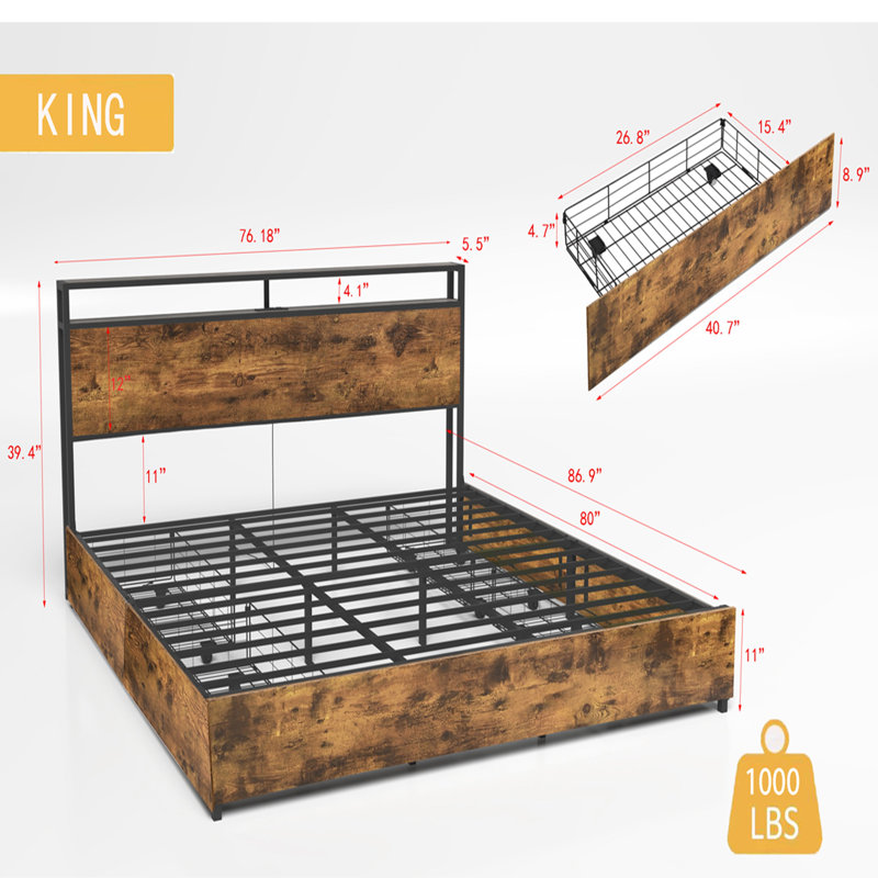 Lit de rangement avec station de charge, Brun rustique, Grand lit