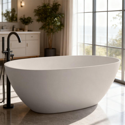 CASAINC 57" Freestanding Bathtub Resin Stone Soaking Bathtub Solid Surface Modern Tubs with Overflow and Pop-up Drain