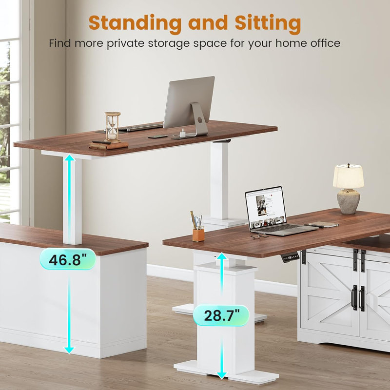 Farmhouse L Shaped Standing Desk, 55 Inch Height Adjustable Corner Desk With Storage Drawers, Standing Computer Desks With Power Outlets For Home Office