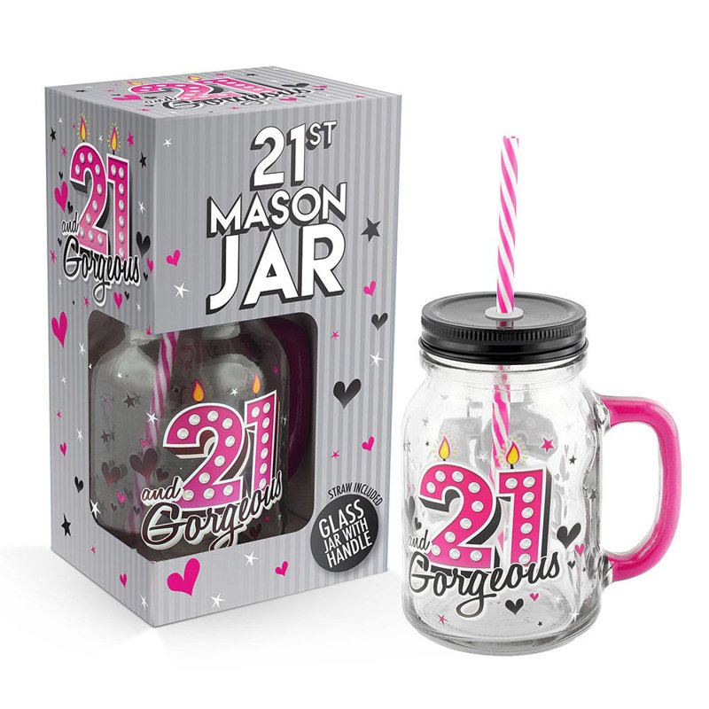 21st Birthday Mason Jar With Metal Lid Glass Handle and Pink/White Straw, Pink 21