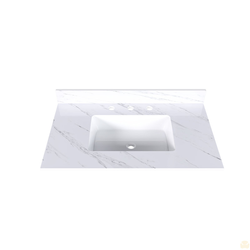 Dessus de meuble-lavabo en marbre de 37 pouces, comptoir avec 3 trous de robinet pré-percés, comptoir de salle de bain avec lavabo central rectangulaire encastré