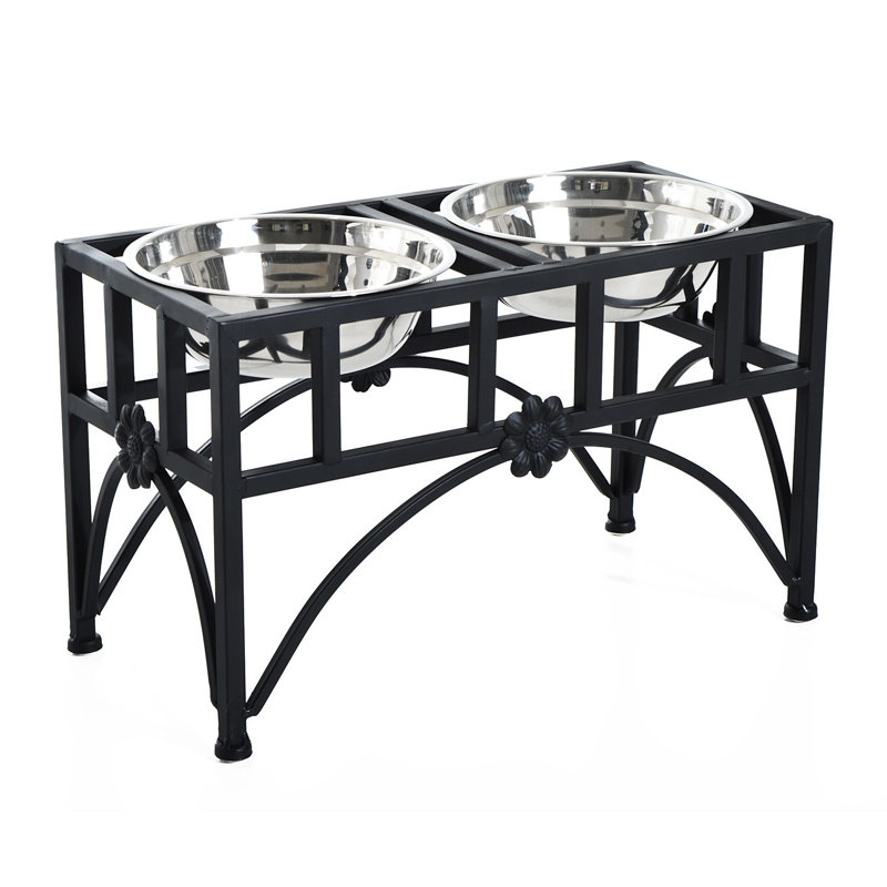 Elevated Double Stainless Steel Pet Feeding Station with Iron Frame