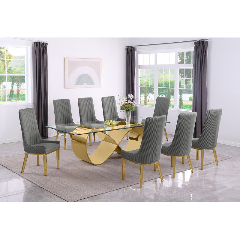 Ensemble de salle à manger en verre trempé avec chaises à dossier plissé, Gris, Doré