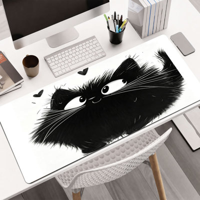  Rubber Mouse Pad, Smooth Microfiber Surface, Non-Slip Base, Rounded Edge Decorative Mouse Mat for Office & Gaming,16×36 Inch ,Black Fluffy Cat Hearts