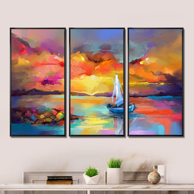 Peinture au coucher du soleil avec des reflets colorés II - ensemble de 3 reproductions sur toile, Noir, H 28 po x l 36 po