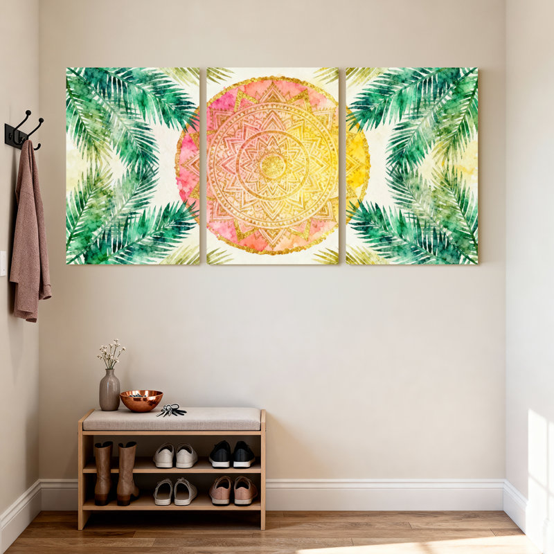 Palmiers, feuilles tropicales et mandala doré, ensemble de 3 impressions sur toile, H 30 po x l 60 po