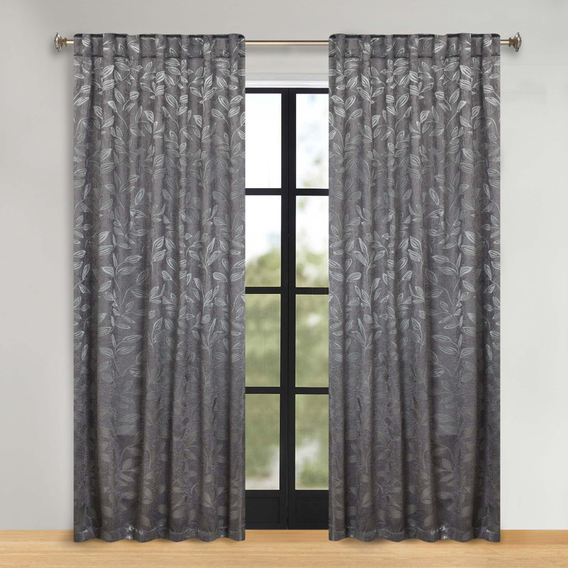  Leaves Pattern Machine Washable 100% Polyester Black Out Curtains with Back Tabs, Nickel Black, 52" W x 63" L