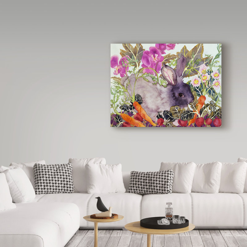 Taryn «Rabbit with Carrots», reproduction de peinture à l'aquarelle sur toile tendue, H 14 po x l 19 po