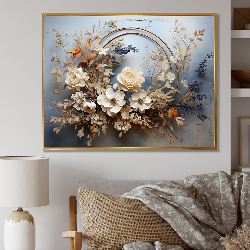 Farmhouse Wreath Still Life - Art mural couronne, Cadre flottant doré, H 12 po x l 20 po x P 1 po