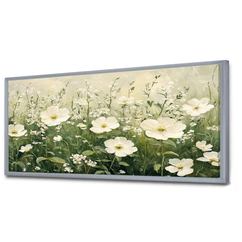 Imca White Wildflower In Spring Bloom II - Art mural de fleurs sauvages pour le salon, H 28 po x l 60 po, Argent argent
