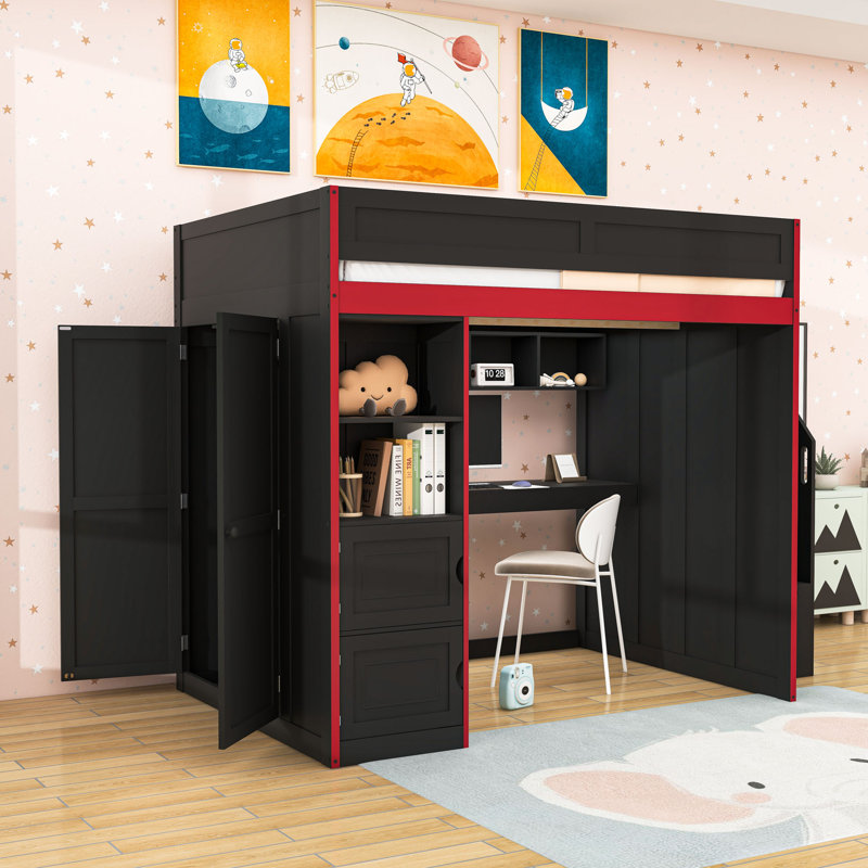 Wooden Gaming Loft Bed with LED Strip, Wardrobe, Stairs and Desk, Full