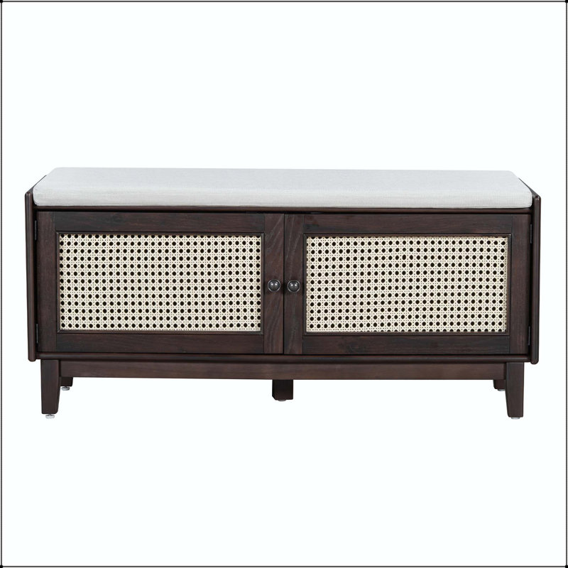 Banc de hall d'entrée en rotin avec coussin et rangement réglable Boho, Beige,Espresso, Espresso
