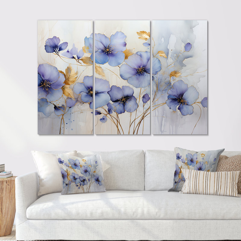 Ensemble de salon violet et or, Toile tendue, H 40 po x l 60 po x P 1 po