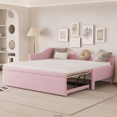 Lit de jour convertible d'angle en forme de L, deux places, avec lit gigogne escamotable, rose, pour chambre d'amis