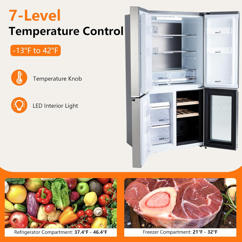 21 Cu.Ft. Stainless Steel French Door Refrigerator with Wine Cooler, Counter-Depth 4-Door Fridge, Touch Screen & Auto Defrost, Large Multi-Door Kitchen Appliance