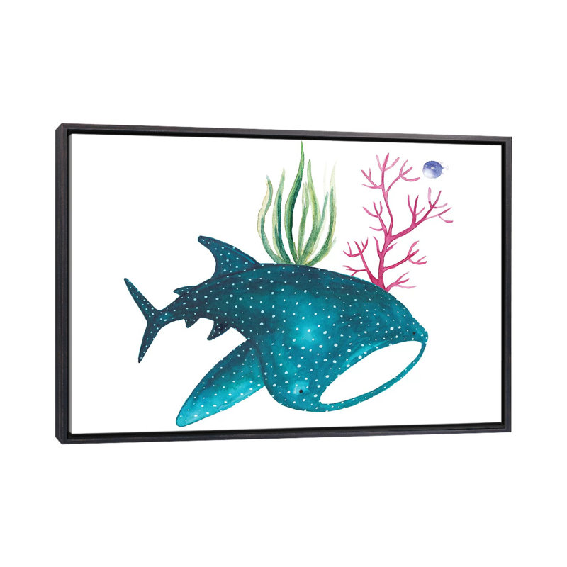 Requin-baleine avec coraux - imprimé, Pas de tapis, H 26 po x l 40 po x 1,5 po, Toile avec cadre noire patinée