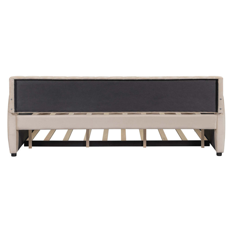 Full Size Upholstered Daybed With Trundle And Wood Slat Support, Beige