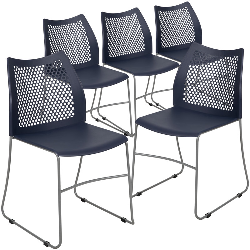 Oliverson Plastic Stacking Lobby Chairs with Honeycomb Backs, Gray, Navy, 5