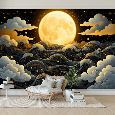 Peel and Stick Wallpaper 96" W x 69" H Modern Self Adhesive Wall Mural for Bedroom Full Moon Stormy Ocean Waves Clouds Night Starry Sky Painting