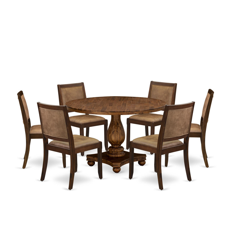 L'ensemble de table de salle à manger 7 pièces comprend une table de cuisine ronde et 6 chaises de cuisine empilables en tissu de polyester brun, finition noyer antique
