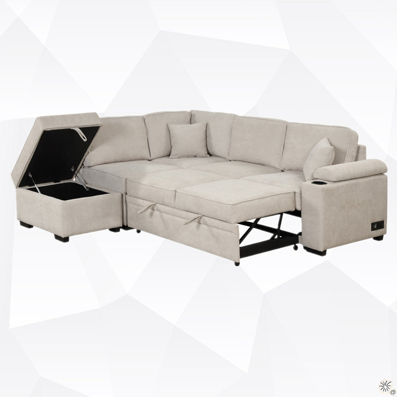 Cassan Upholstered L-Shaped Sectional Left Hand Facing, Beige Linen Blend